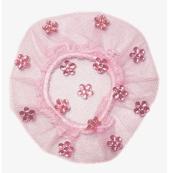 Dasha Designs - pink net bun cover w/ pink rhinestone flowers - ballerina bun - Picture 1 of 9